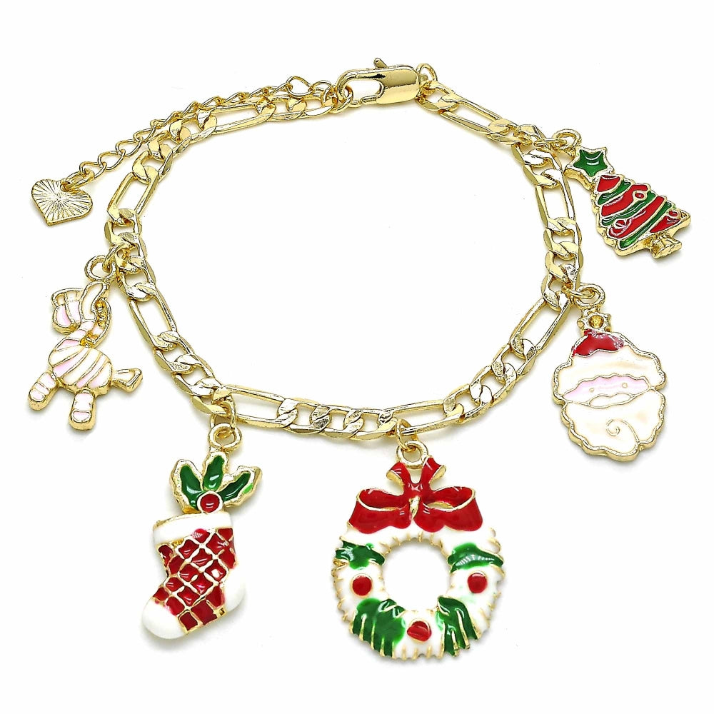 Oro Laminado Charm Bracelet, Gold Filled Style Tree and Star Design, Multicolor Enamel Finish, Golden Finish