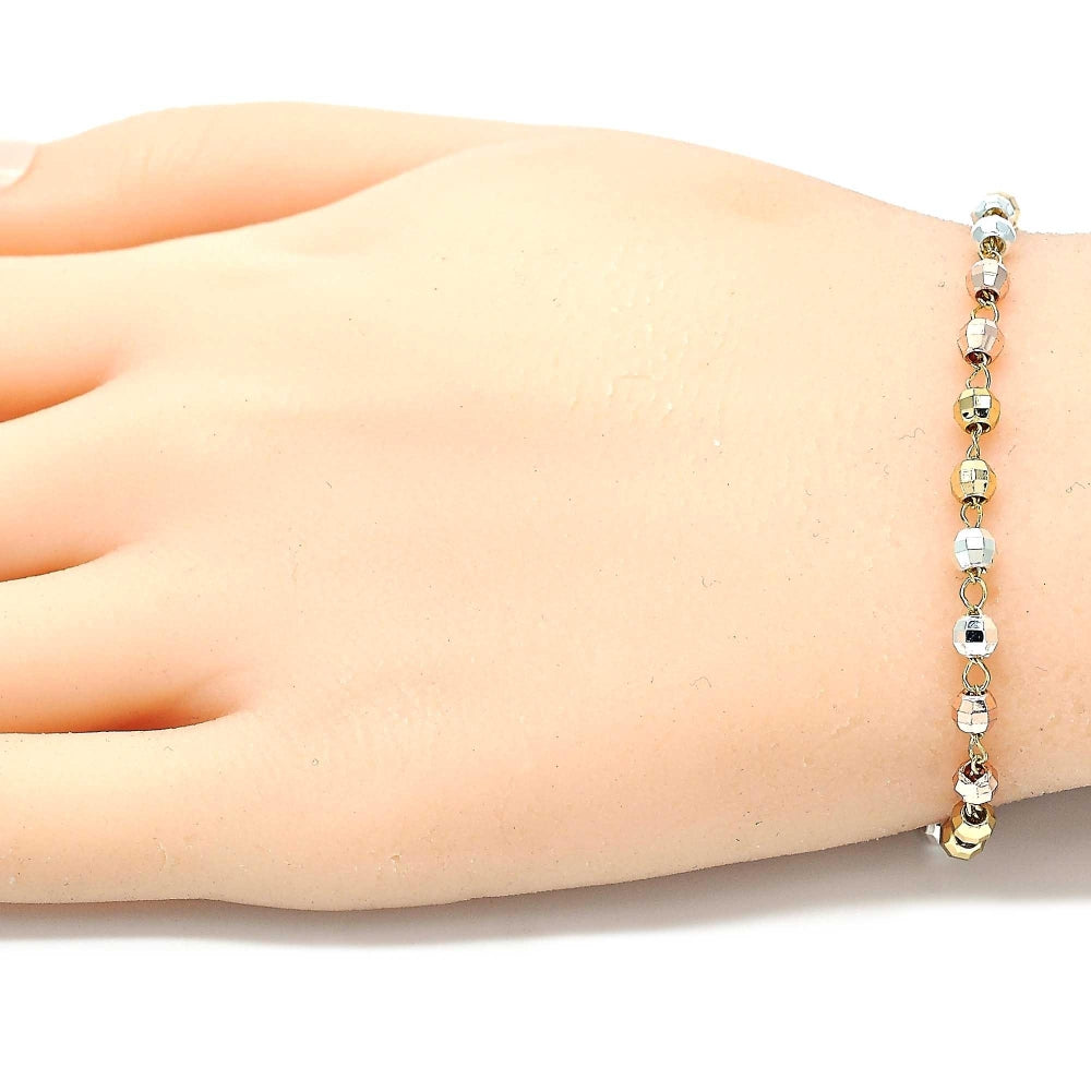 Oro Laminado Bracelet Rosary, Gold Filled Style Diamond Cutting Finish, Tricolor