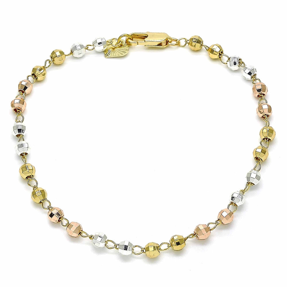 Oro Laminado Bracelet Rosary, Gold Filled Style Diamond Cutting Finish, Tricolor