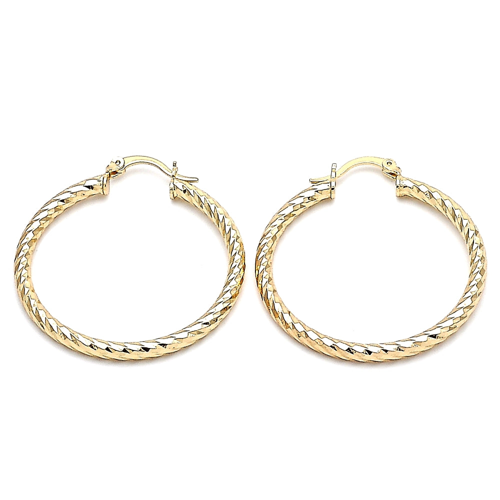 Oro Laminado Medium Hoop, Gold Filled Style Hollow Design, Diamond Cutting Finish, Golden Finish