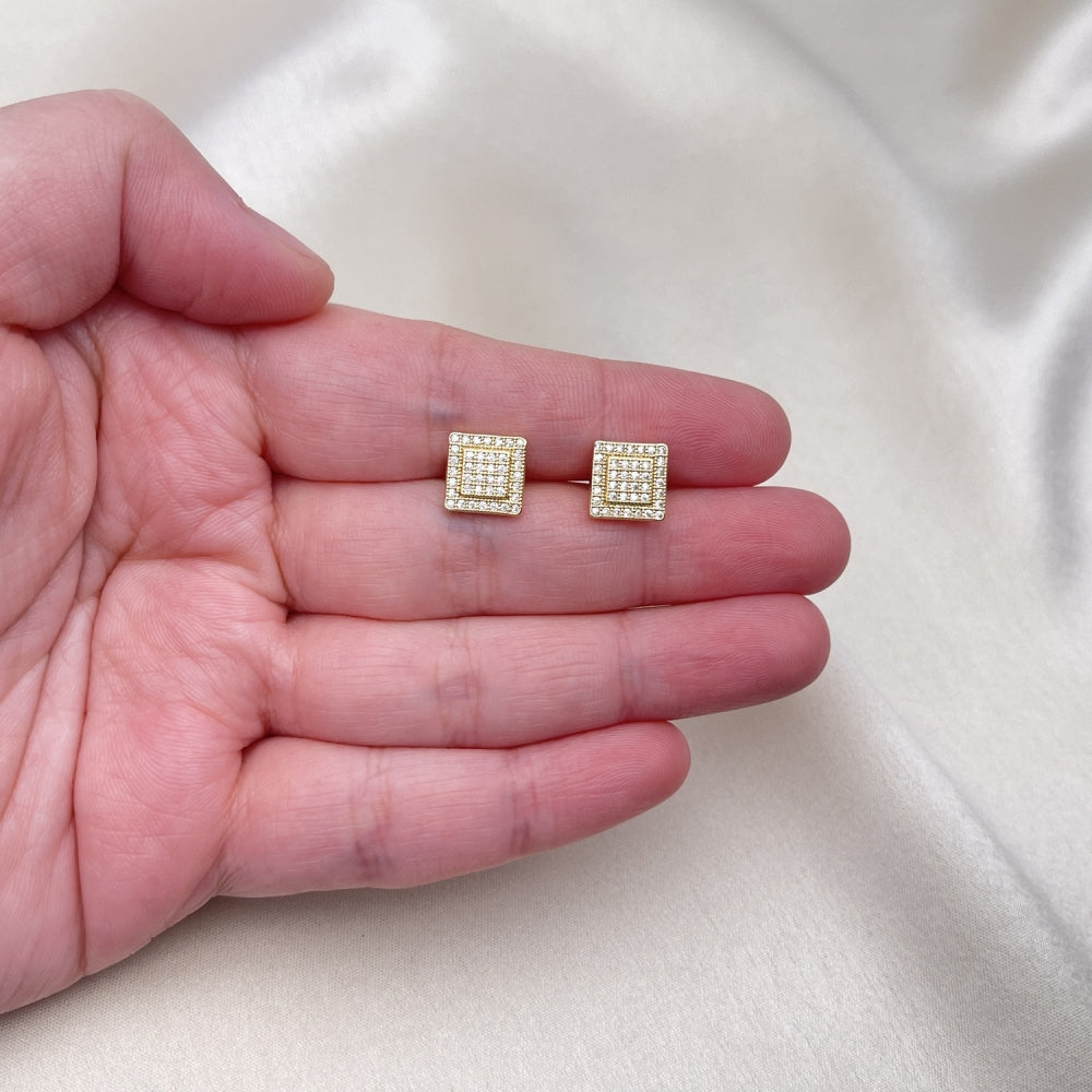 Oro Laminado Stud Earring, Gold Filled Style with White Micro Pave, Polished, Golden Finish