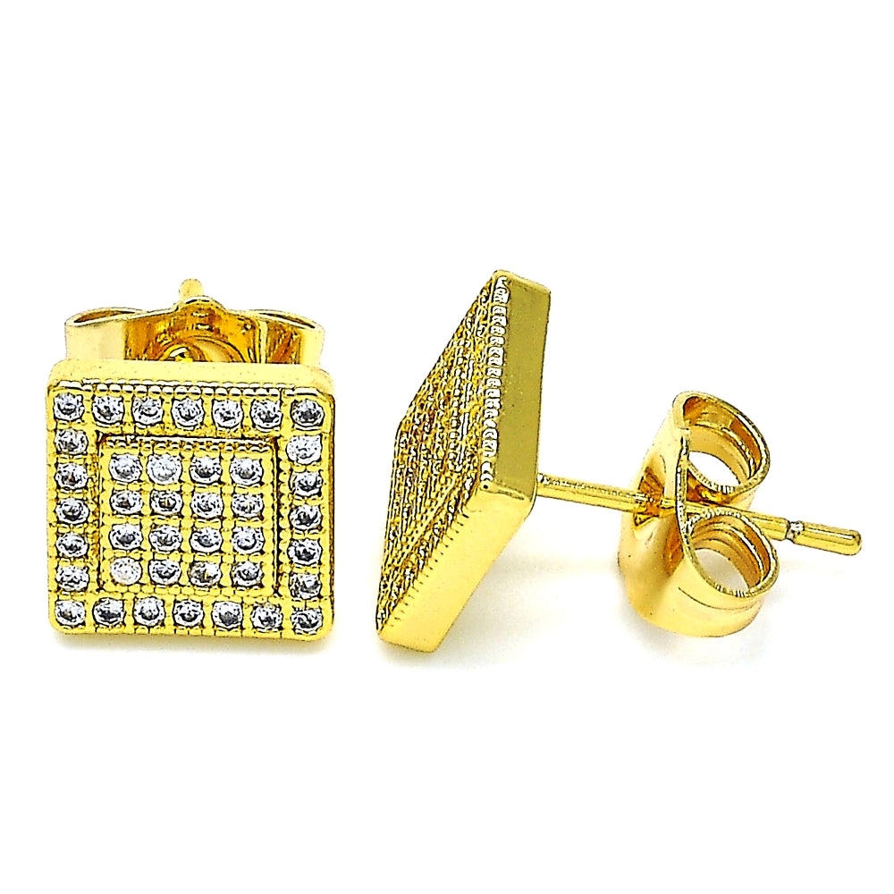 Oro Laminado Stud Earring, Gold Filled Style with White Micro Pave, Polished, Golden Finish