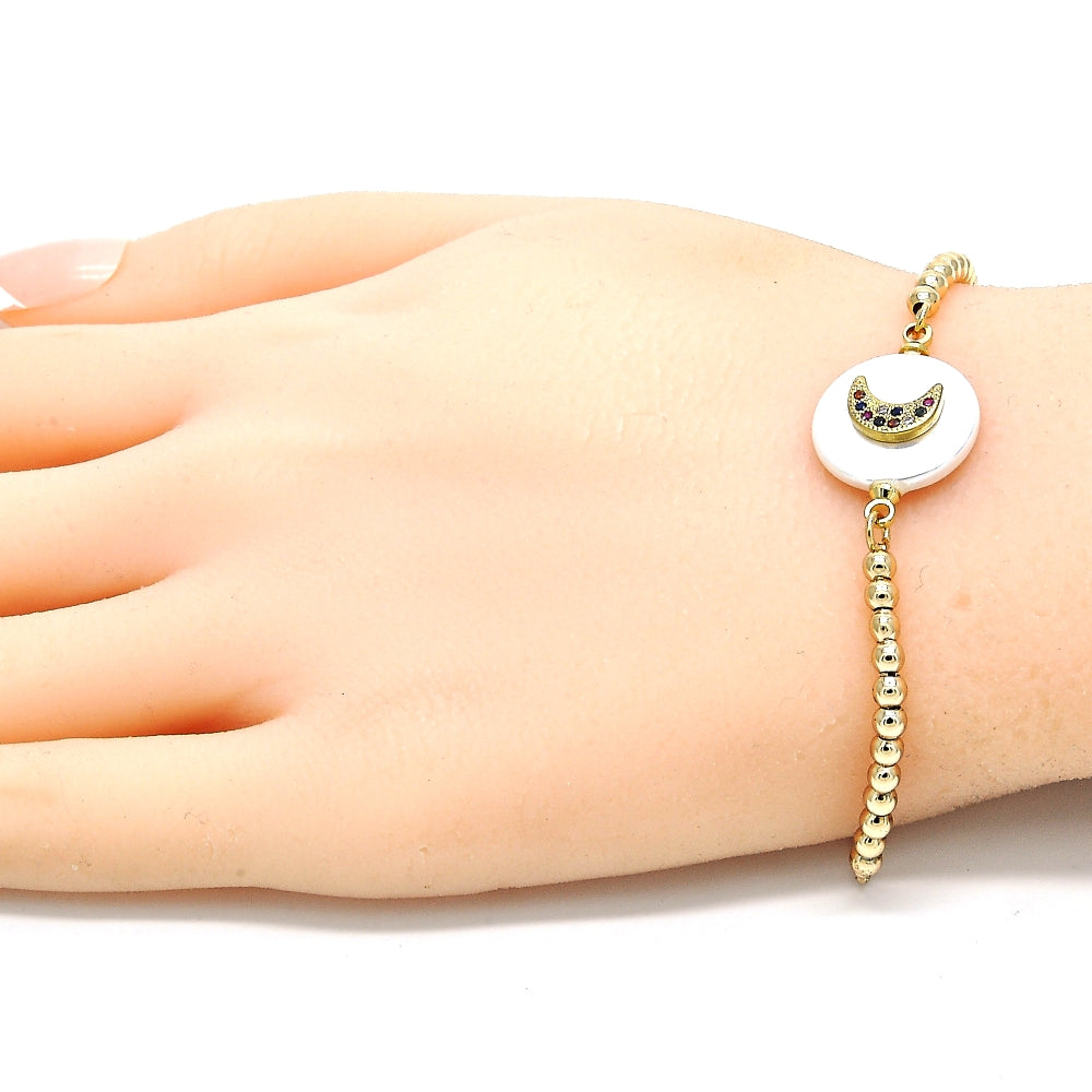 Oro Laminado Adjustable Bolo Bracelet, Gold Filled Style Moon Design, with Multicolor Cubic Zirconia, Polished, Golden Finish
