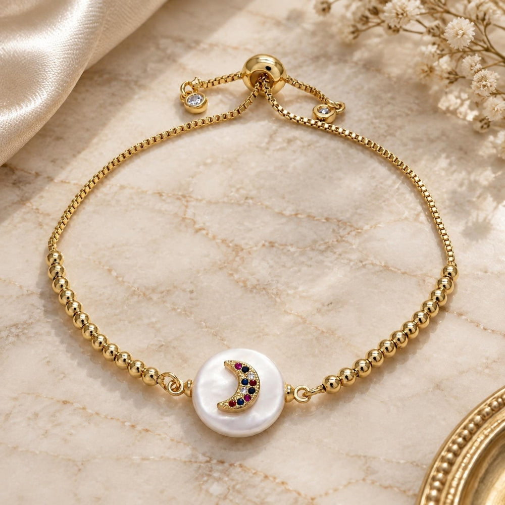 Oro Laminado Adjustable Bolo Bracelet, Gold Filled Style Moon Design, with Multicolor Cubic Zirconia, Polished, Golden Finish