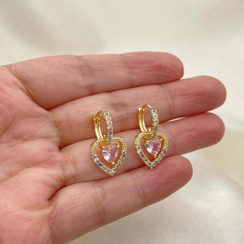 Oro Laminado Dangle Earring, Gold Filled Style Heart Design, with Pink Cubic Zirconia and Multicolor Micro Pave, Polished, Golden Finish