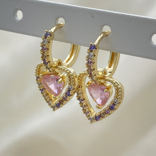 Oro Laminado Dangle Earring, Gold Filled Style Heart Design, with Pink Cubic Zirconia and Multicolor Micro Pave, Polished, Golden Finish