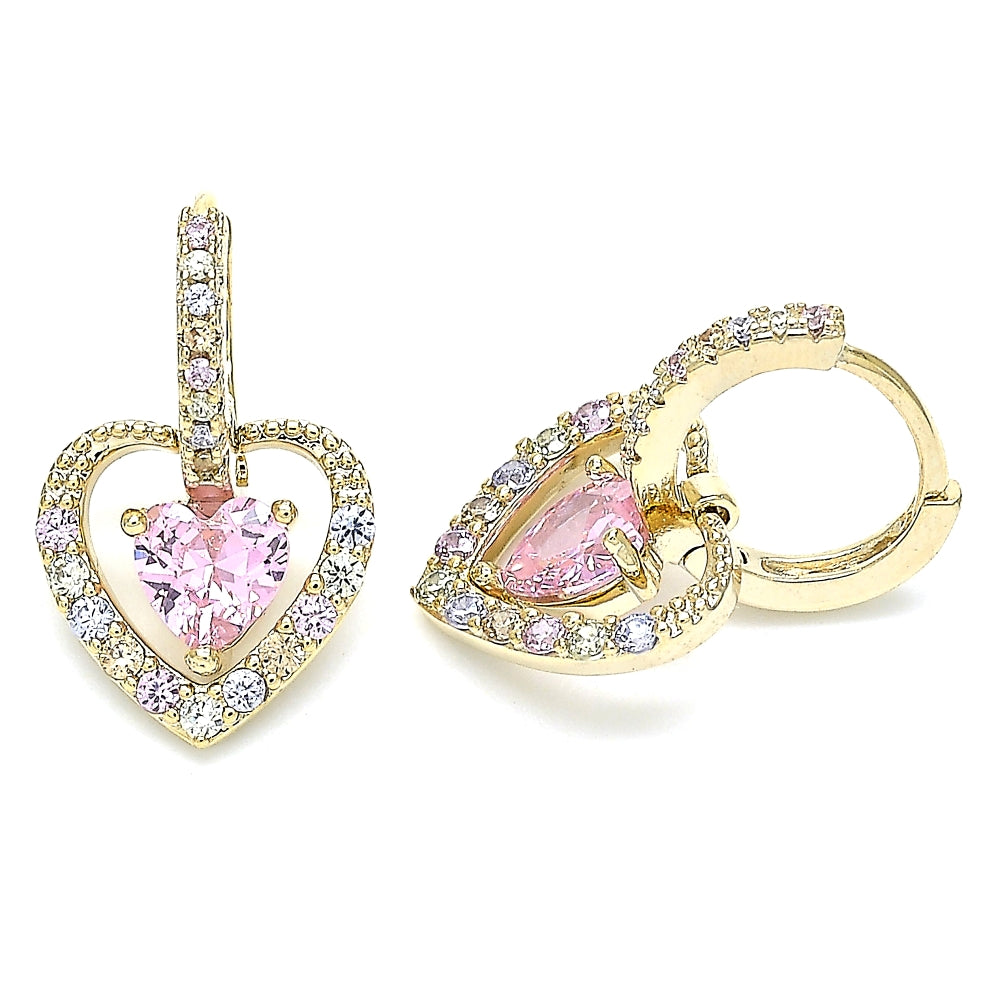 Oro Laminado Dangle Earring, Gold Filled Style Heart Design, with Pink Cubic Zirconia and Multicolor Micro Pave, Polished, Golden Finish