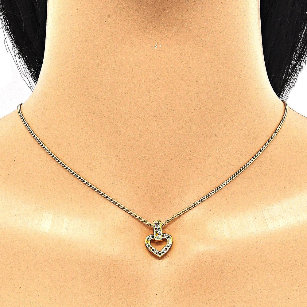 Oro Laminado Earring and Pendant Adult Set, Gold Filled Style Heart Design, with Multicolor Cubic Zirconia, Polished, Golden Finish