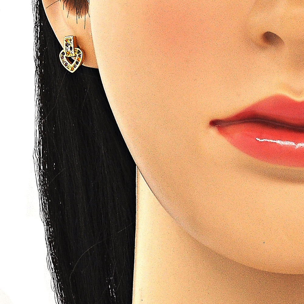 Oro Laminado Earring and Pendant Adult Set, Gold Filled Style Heart Design, with Multicolor Cubic Zirconia, Polished, Golden Finish
