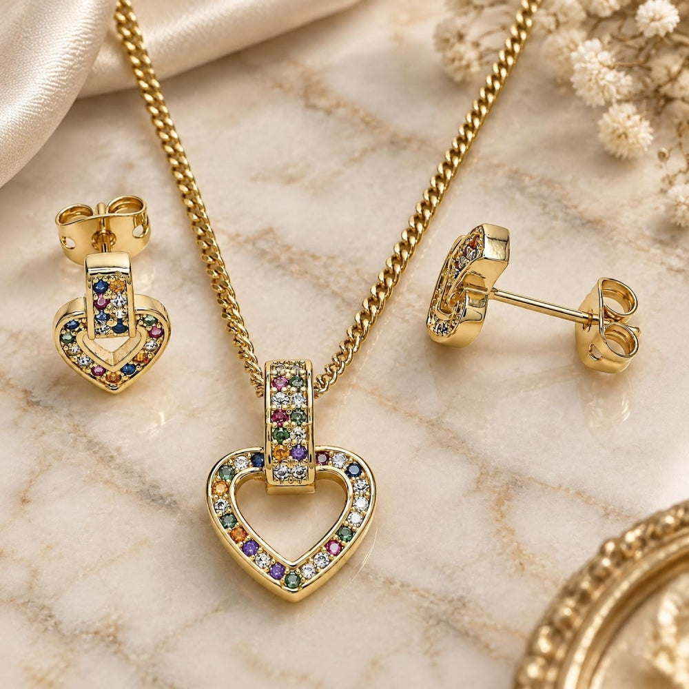 Oro Laminado Earring and Pendant Adult Set, Gold Filled Style Heart Design, with Multicolor Cubic Zirconia, Polished, Golden Finish