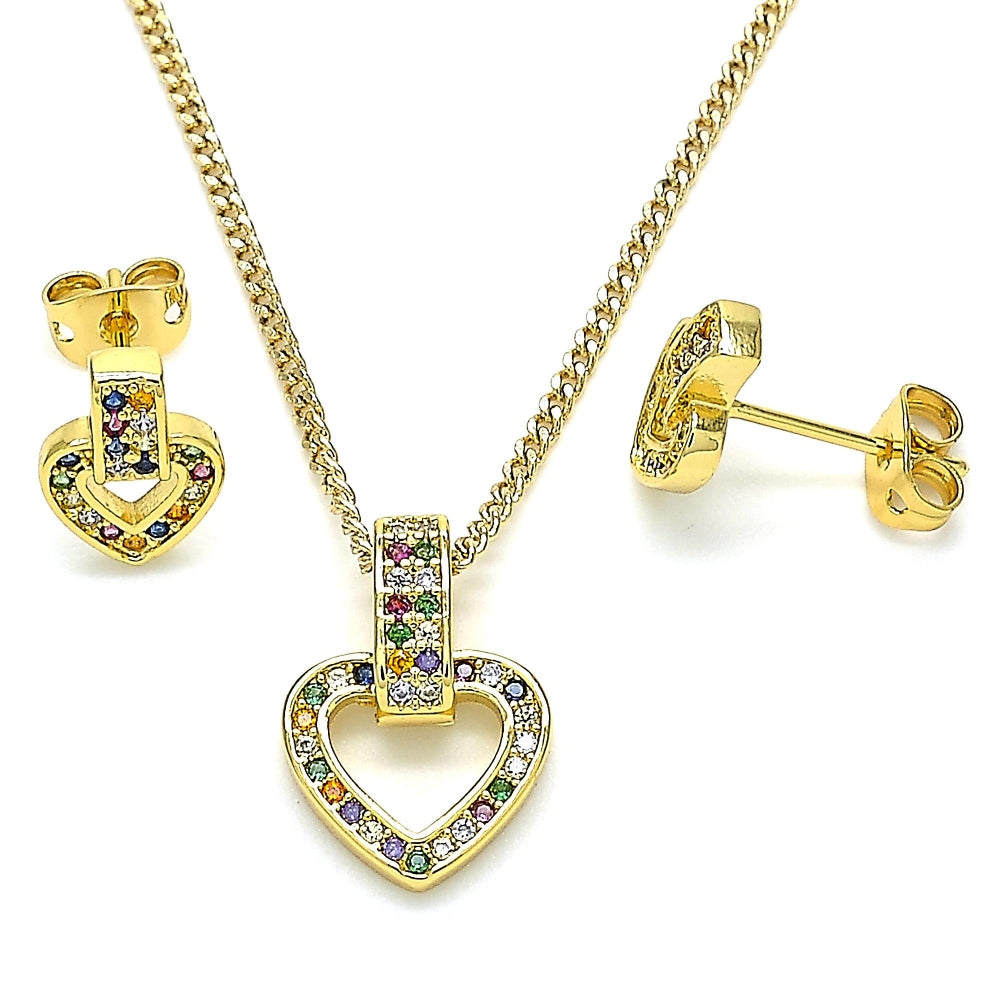 Oro Laminado Earring and Pendant Adult Set, Gold Filled Style Heart Design, with Multicolor Cubic Zirconia, Polished, Golden Finish