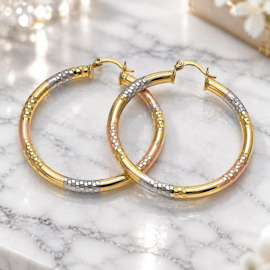 Oro Laminado Large Hoop, Gold Filled Style Hollow Design, Polished, Tricolor