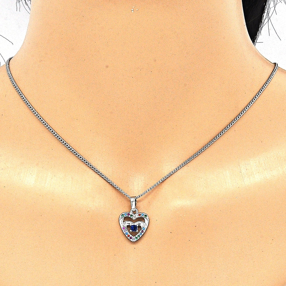 Rhodium Gold Filled Earring and Pendant Adult Set, Heart Design, with White and Multicolor Cubic Zirconia, Polished, Rhodium Finish