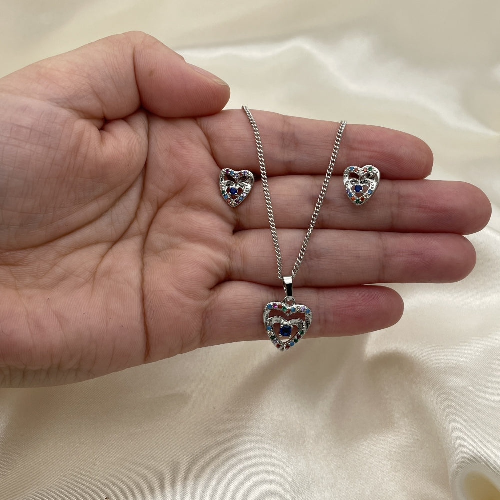 Rhodium Gold Filled Earring and Pendant Adult Set, Heart Design, with White and Multicolor Cubic Zirconia, Polished, Rhodium Finish