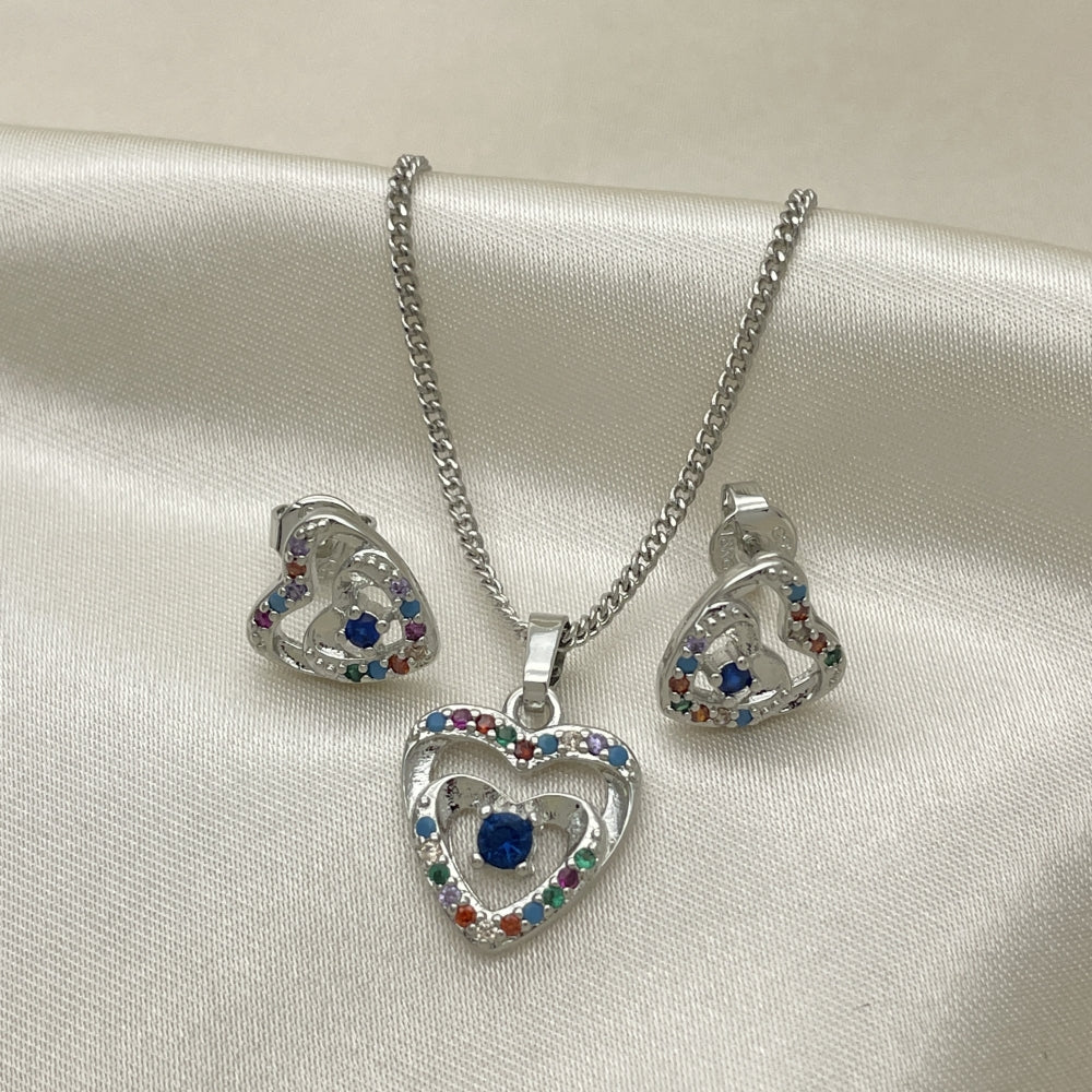 Rhodium Gold Filled Earring and Pendant Adult Set, Heart Design, with White and Multicolor Cubic Zirconia, Polished, Rhodium Finish