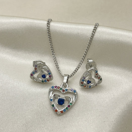Rhodium Gold Filled Earring and Pendant Adult Set, Heart Design, with White and Multicolor Cubic Zirconia, Polished, Rhodium Finish
