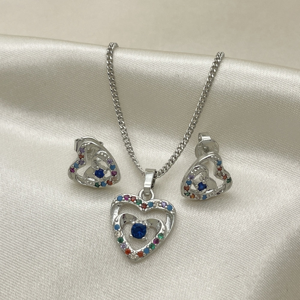 Rhodium Gold Filled Earring and Pendant Adult Set, Heart Design, with White and Multicolor Cubic Zirconia, Polished, Rhodium Finish