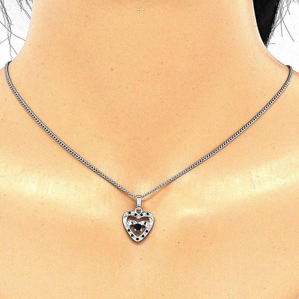 Rhodium Gold Filled Earring and Pendant Adult Set, Heart Design, with Black and White Cubic Zirconia, Polished, Rhodium Finish