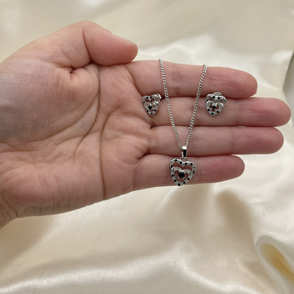 Rhodium Gold Filled Earring and Pendant Adult Set, Heart Design, with Black and White Cubic Zirconia, Polished, Rhodium Finish