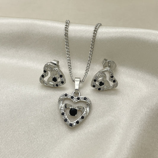 Rhodium Gold Filled Earring and Pendant Adult Set, Heart Design, with Black and White Cubic Zirconia, Polished, Rhodium Finish