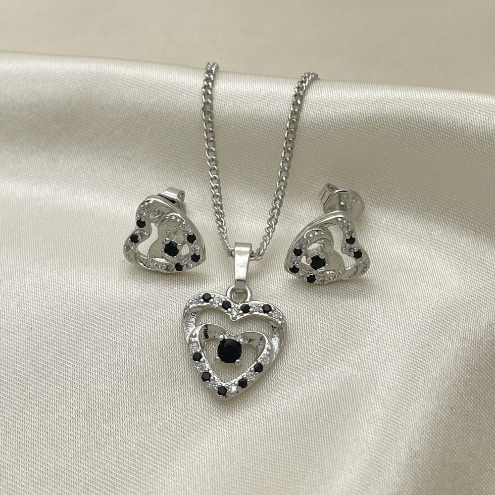 Rhodium Gold Filled Earring and Pendant Adult Set, Heart Design, with Black and White Cubic Zirconia, Polished, Rhodium Finish
