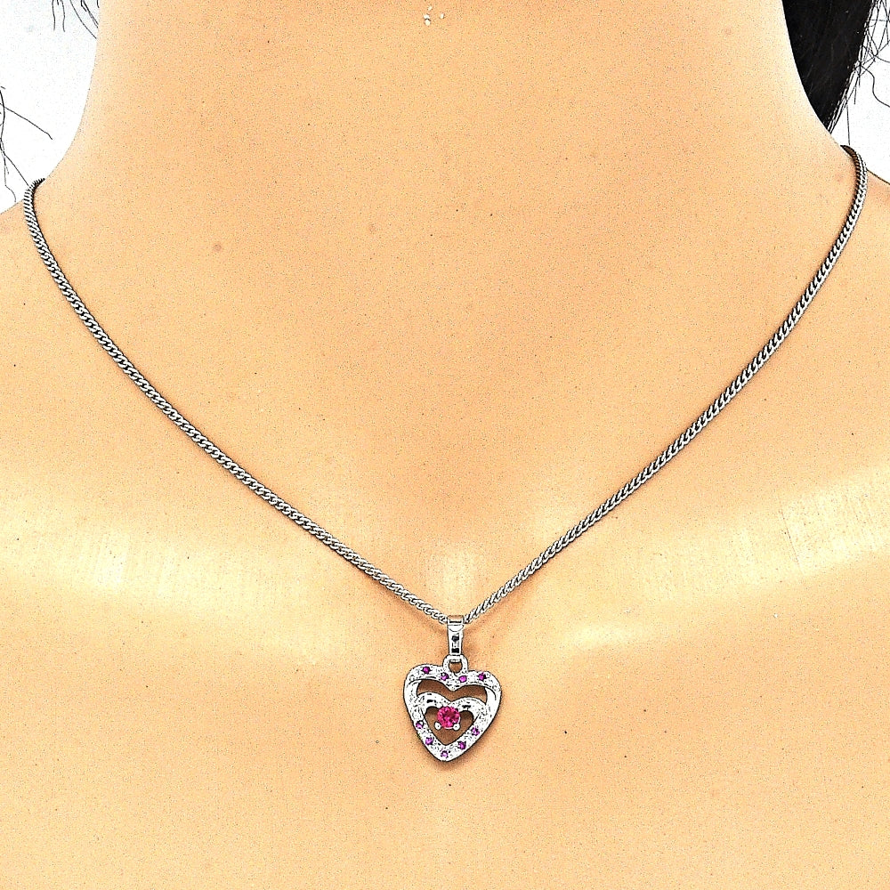 Rhodium Gold Filled Earring and Pendant Adult Set, Heart Design, with Ruby and White Cubic Zirconia, Polished, Rhodium Finish