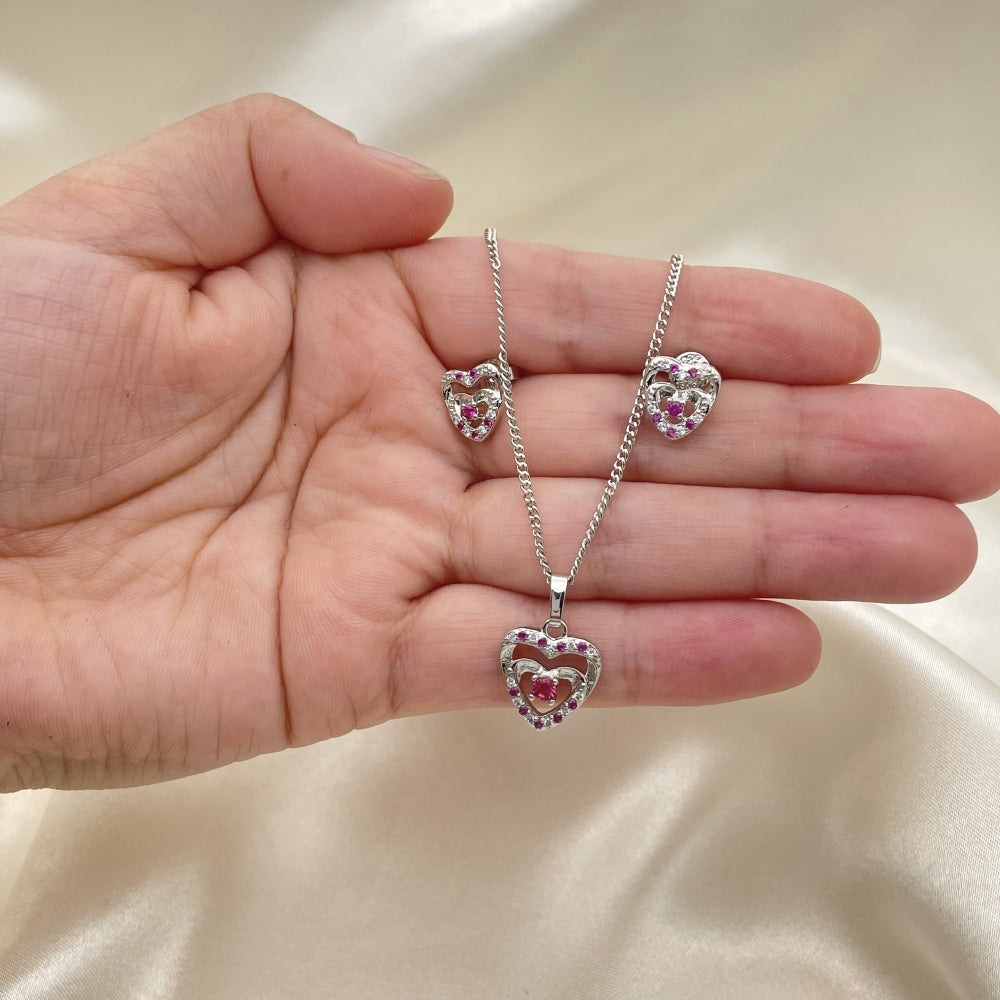 Rhodium Gold Filled Earring and Pendant Adult Set, Heart Design, with Ruby and White Cubic Zirconia, Polished, Rhodium Finish