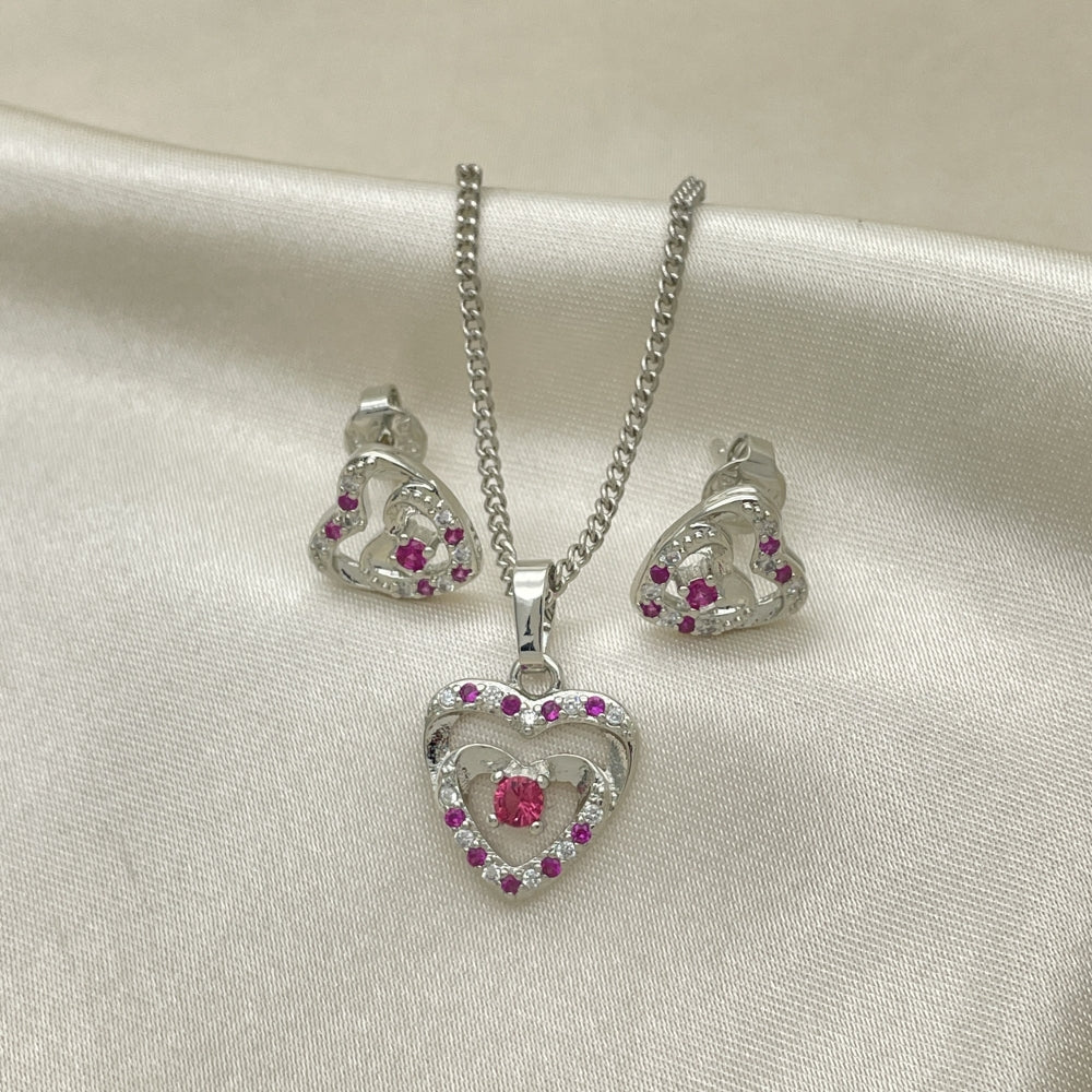 Rhodium Gold Filled Earring and Pendant Adult Set, Heart Design, with Ruby and White Cubic Zirconia, Polished, Rhodium Finish