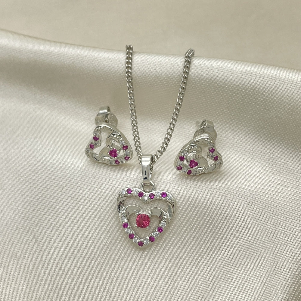 Rhodium Gold Filled Earring and Pendant Adult Set, Heart Design, with Ruby and White Cubic Zirconia, Polished, Rhodium Finish