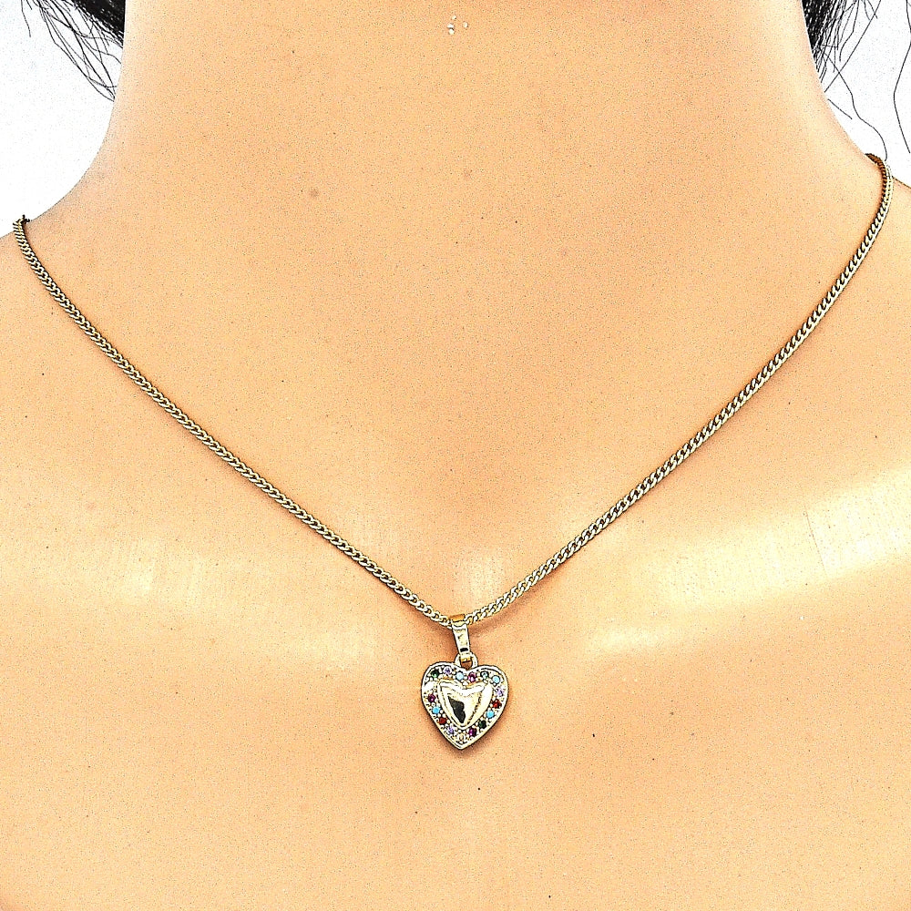 Oro Laminado Earring and Pendant Adult Set, Gold Filled Style Heart Design, with Multicolor Micro Pave, Polished, Golden Finish