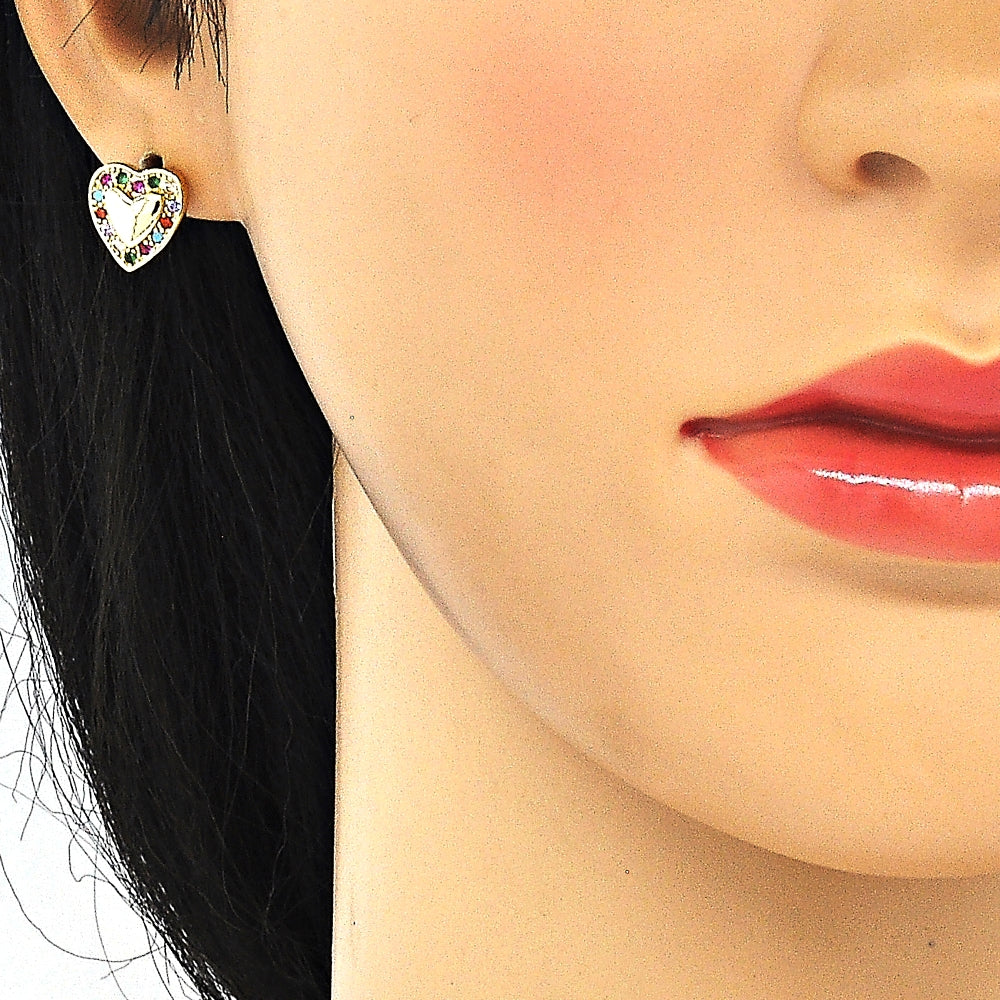 Oro Laminado Earring and Pendant Adult Set, Gold Filled Style Heart Design, with Multicolor Micro Pave, Polished, Golden Finish