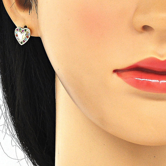 Oro Laminado Earring and Pendant Adult Set, Gold Filled Style Heart Design, with Multicolor Micro Pave, Polished, Golden Finish