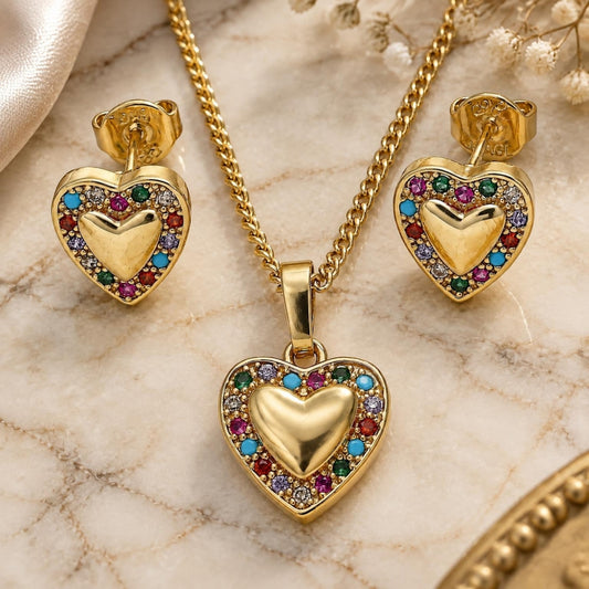 Oro Laminado Earring and Pendant Adult Set, Gold Filled Style Heart Design, with Multicolor Micro Pave, Polished, Golden Finish