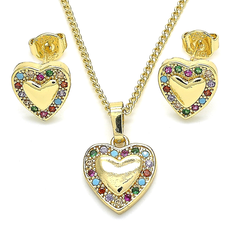 Oro Laminado Earring and Pendant Adult Set, Gold Filled Style Heart Design, with Multicolor Micro Pave, Polished, Golden Finish