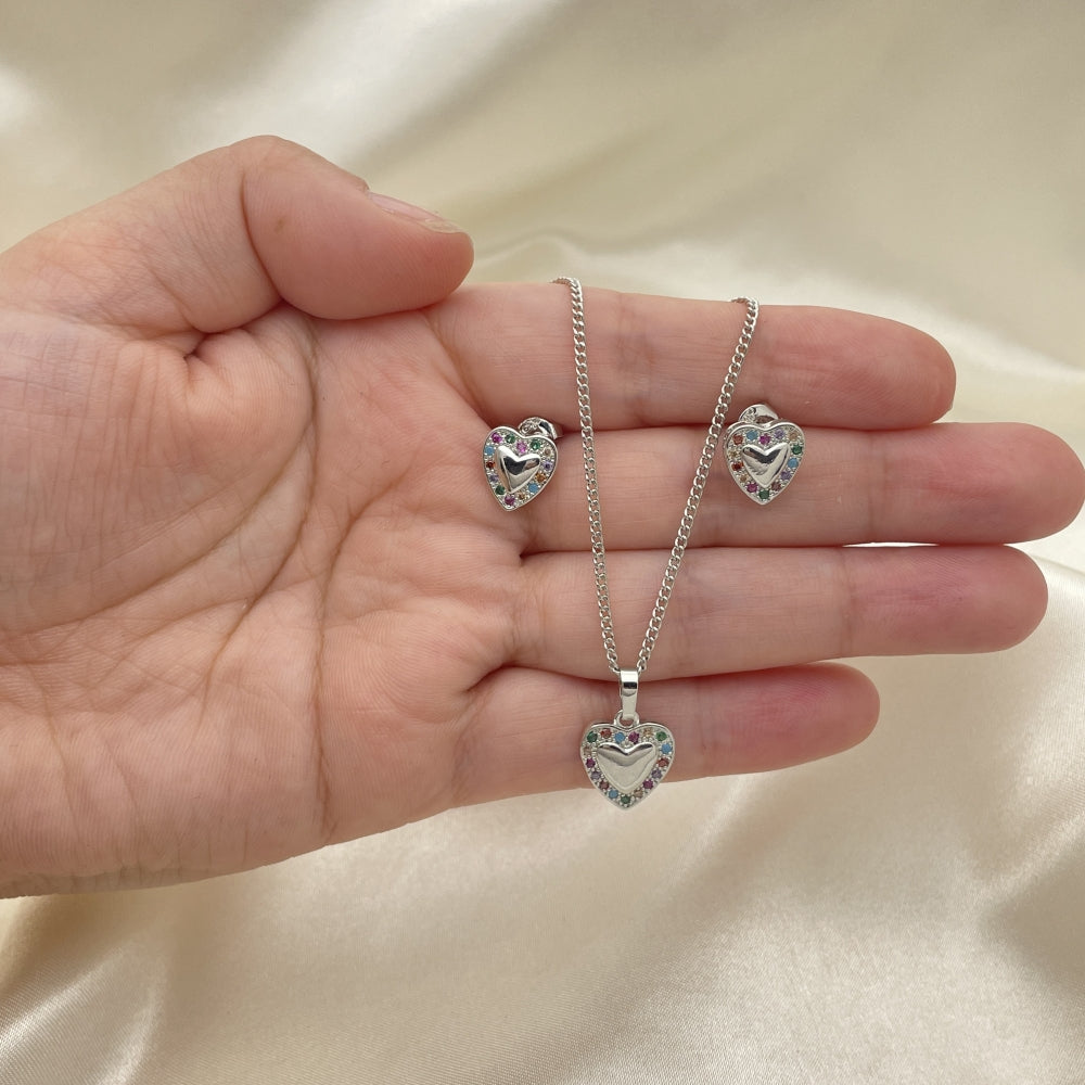 Rhodium Gold Filled Earring and Pendant Adult Set, Heart Design, with Multicolor Cubic Zirconia, Polished, Rhodium Finish