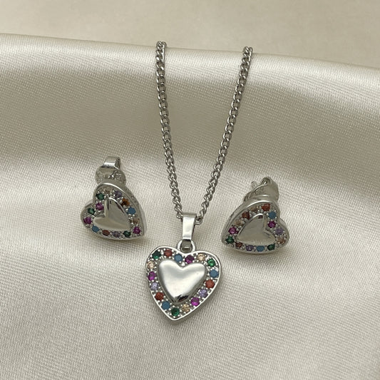 Rhodium Gold Filled Earring and Pendant Adult Set, Heart Design, with Multicolor Cubic Zirconia, Polished, Rhodium Finish