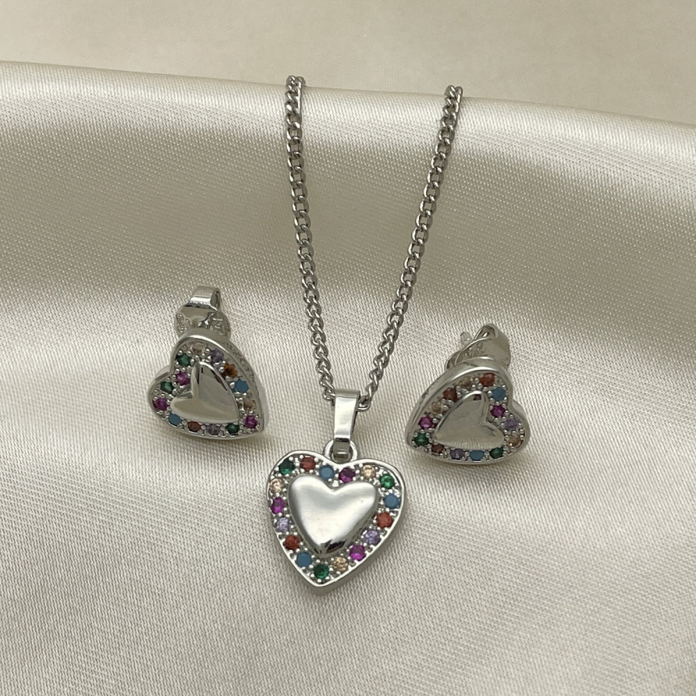 Rhodium Gold Filled Earring and Pendant Adult Set, Heart Design, with Multicolor Cubic Zirconia, Polished, Rhodium Finish
