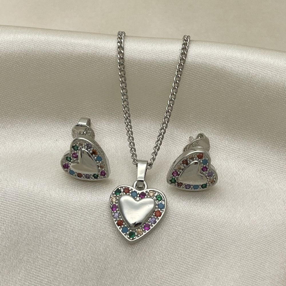 Rhodium Gold Filled Earring and Pendant Adult Set, Heart Design, with Multicolor Cubic Zirconia, Polished, Rhodium Finish