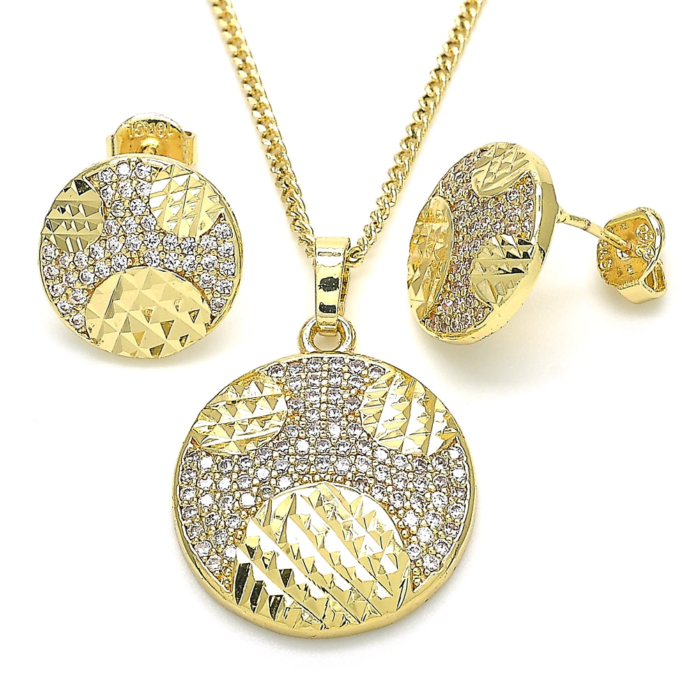 Oro Laminado Earring and Pendant Adult Set, Gold Filled Style with White Cubic Zirconia, Polished, Golden Finish