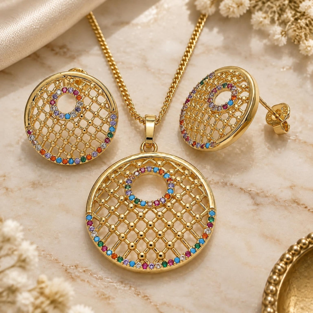Oro Laminado Earring and Pendant Adult Set, Gold Filled Style with Multicolor Cubic Zirconia, Polished, Golden Finish