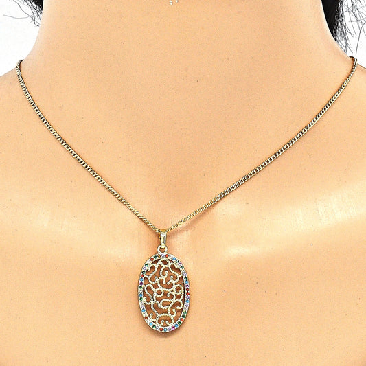 Oro Laminado Earring and Pendant Adult Set, Gold Filled Style with Multicolor Cubic Zirconia, Polished, Golden Finish