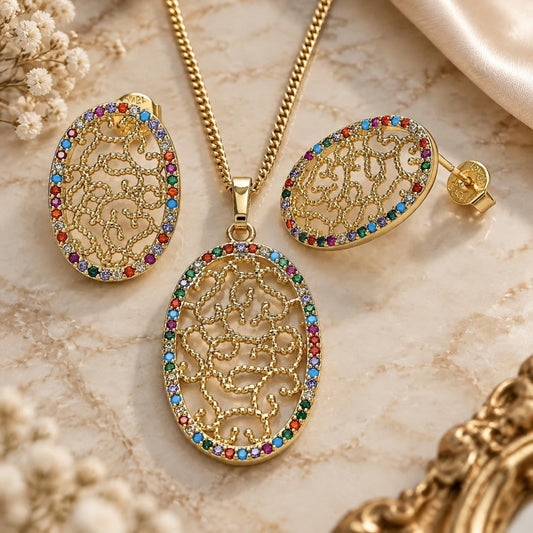 Oro Laminado Earring and Pendant Adult Set, Gold Filled Style with Multicolor Cubic Zirconia, Polished, Golden Finish