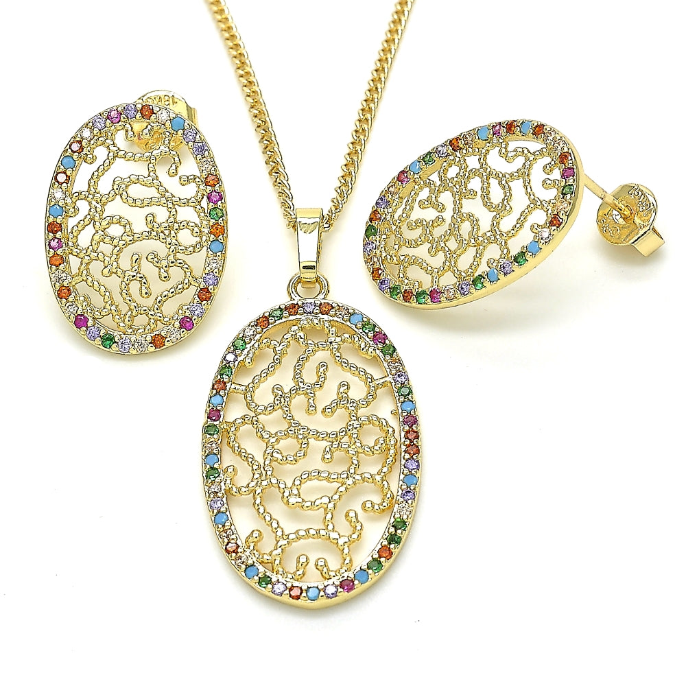 Oro Laminado Earring and Pendant Adult Set, Gold Filled Style with Multicolor Cubic Zirconia, Polished, Golden Finish