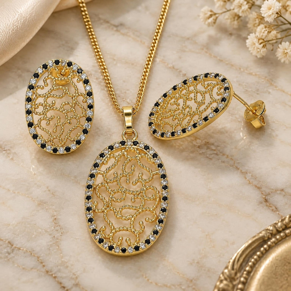 Oro Laminado Earring and Pendant Adult Set, Gold Filled Style with Black and White Cubic Zirconia, Polished, Golden Finish