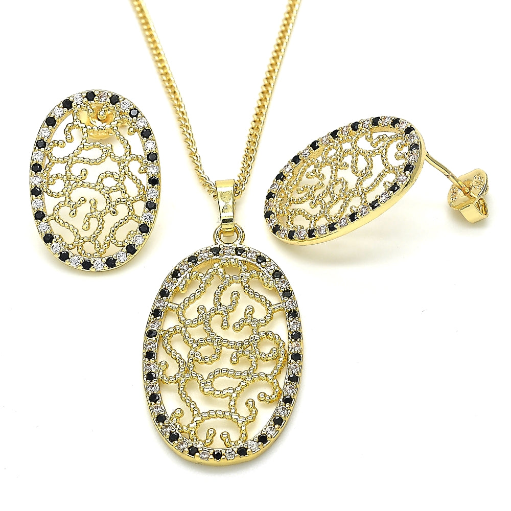 Oro Laminado Earring and Pendant Adult Set, Gold Filled Style with Black and White Cubic Zirconia, Polished, Golden Finish