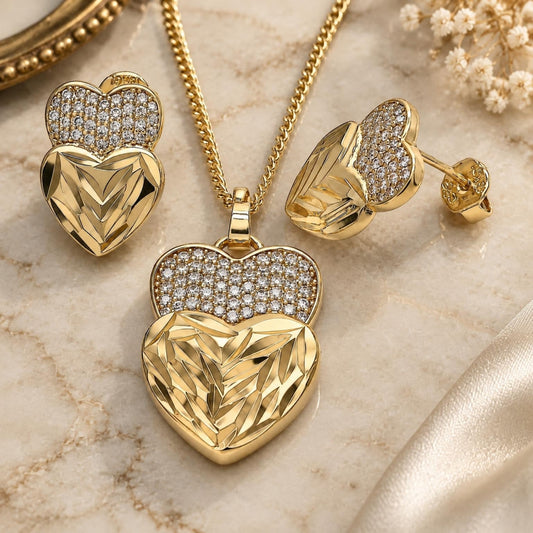 Oro Laminado Earring and Pendant Adult Set, Gold Filled Style Heart Design, with White Micro Pave, Diamond Cutting Finish, Golden Finish