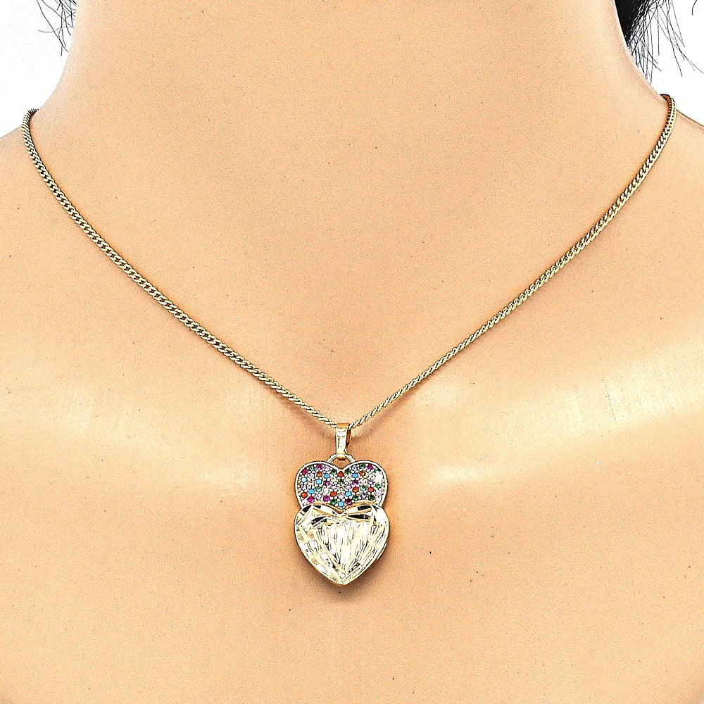 Oro Laminado Earring and Pendant Adult Set, Gold Filled Style Heart Design, with Multicolor Micro Pave, Diamond Cutting Finish, Golden Finish