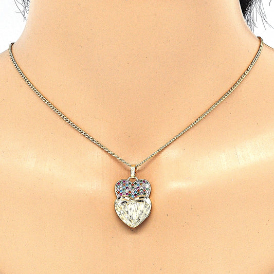Oro Laminado Earring and Pendant Adult Set, Gold Filled Style Heart Design, with Multicolor Micro Pave, Diamond Cutting Finish, Golden Finish