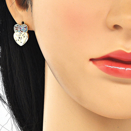 Oro Laminado Earring and Pendant Adult Set, Gold Filled Style Heart Design, with Multicolor Micro Pave, Diamond Cutting Finish, Golden Finish