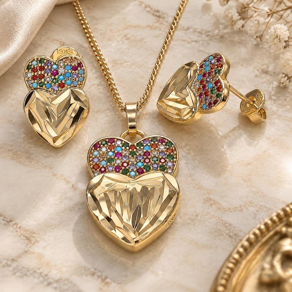 Oro Laminado Earring and Pendant Adult Set, Gold Filled Style Heart Design, with Multicolor Micro Pave, Diamond Cutting Finish, Golden Finish